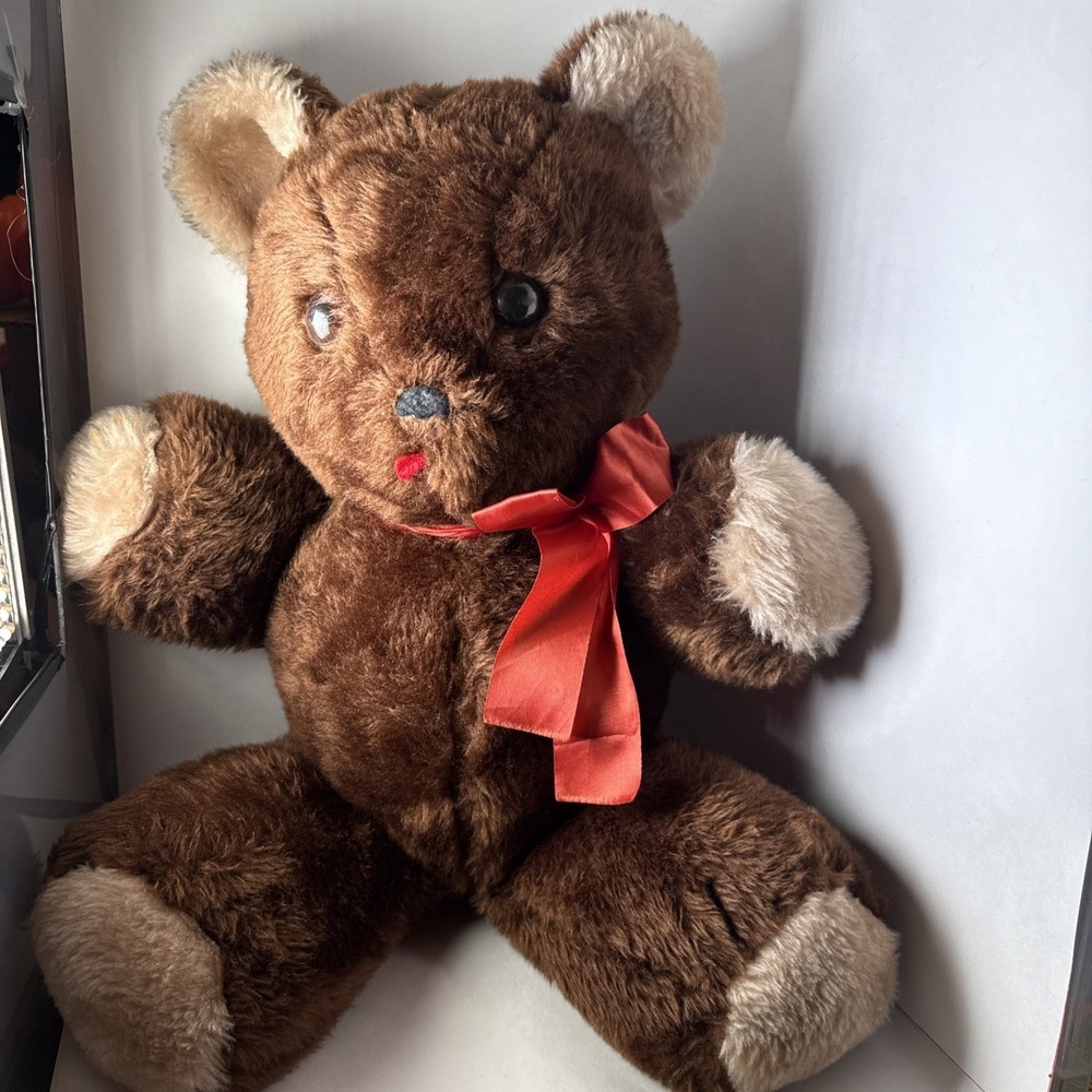 Rushton Bear Plush big Eyes Felt Tongue Brown Teddy Stuffed Red Bow 18" Vtg